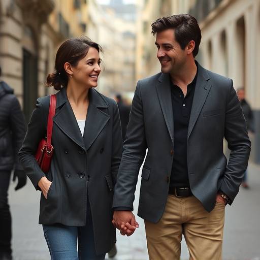 Image de Marion Cotillard et Guillaume Canet souriant et se tenant la main lors d'une promenade dans le Marais √† Paris.